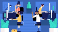 a group of people working in a call center